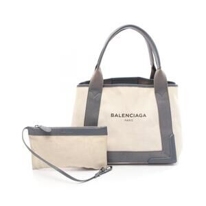 Balenciaga Navy Blue Cabas Tote Bag Canvas Leather Ivory White Gray